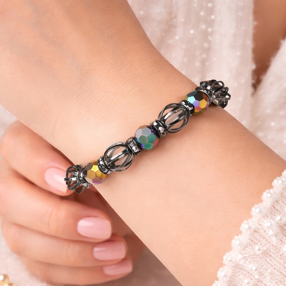 Handmade Gunmetal Stretch Bracelet - Iridescent Beads, Elegant Boho Jewelry Gift - Picture 2 of 2